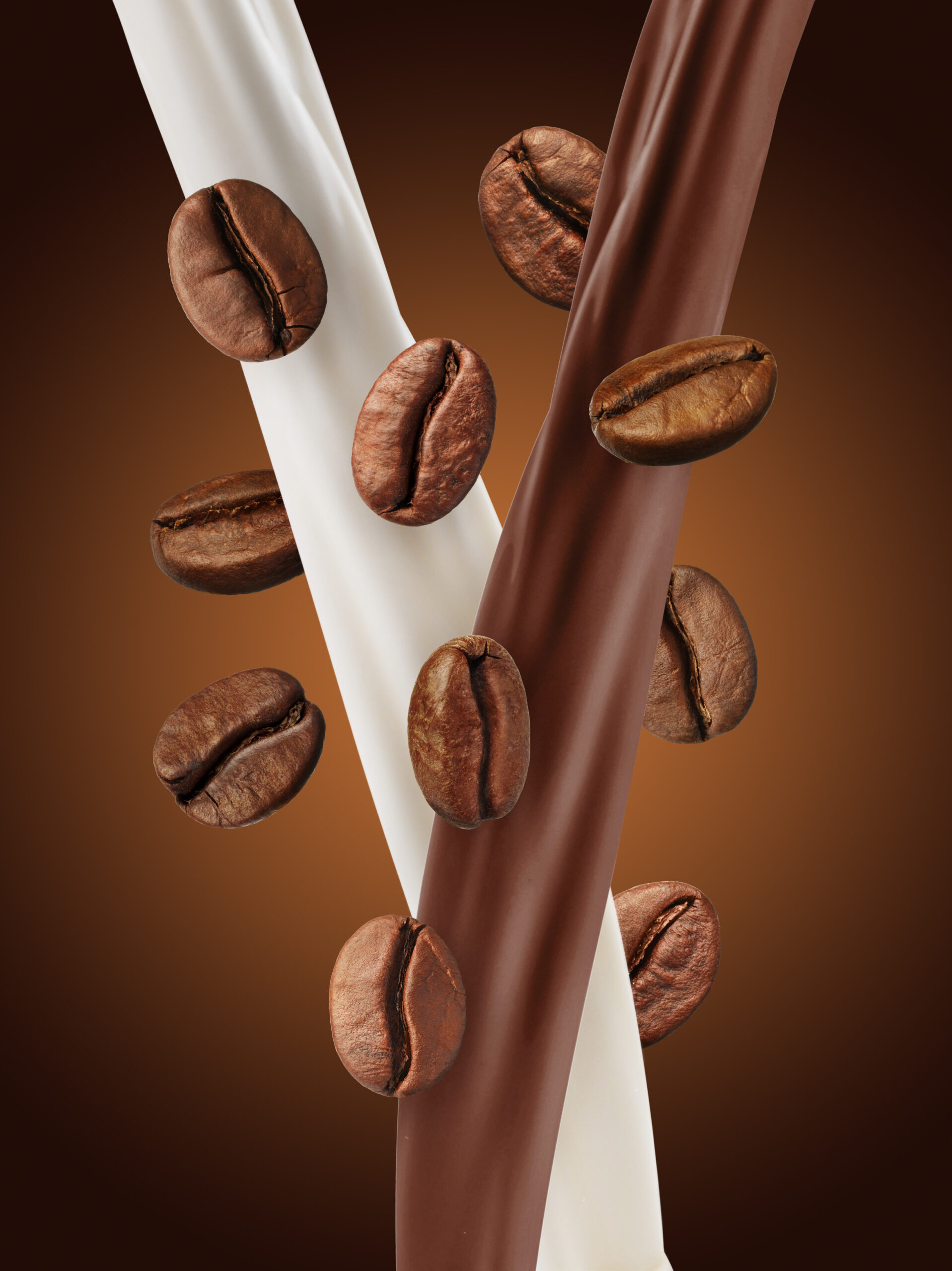 coffee and milk flows with beans in air on brown gradient background